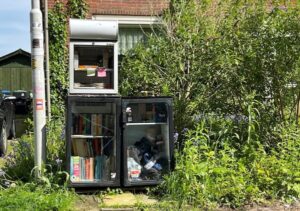 Een minibibliotheek in een groene omgeving.
